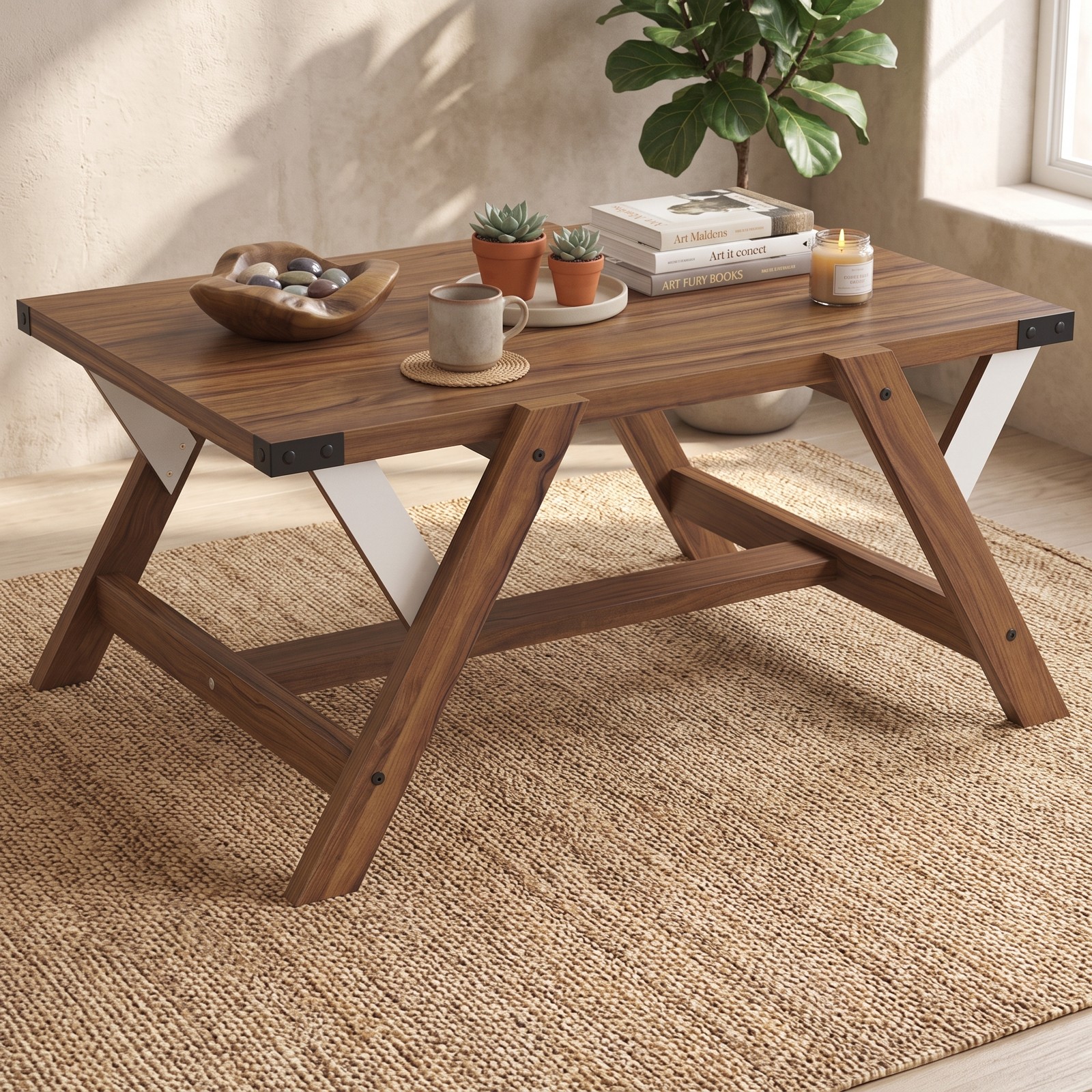 Furnibear Farmhouse Coffee Table, Rectangle Center Table with Nailhead Accents, Wood Living Room Cocktail Table with Anti-Wobble Legs and H-Shaped Base, Walnut