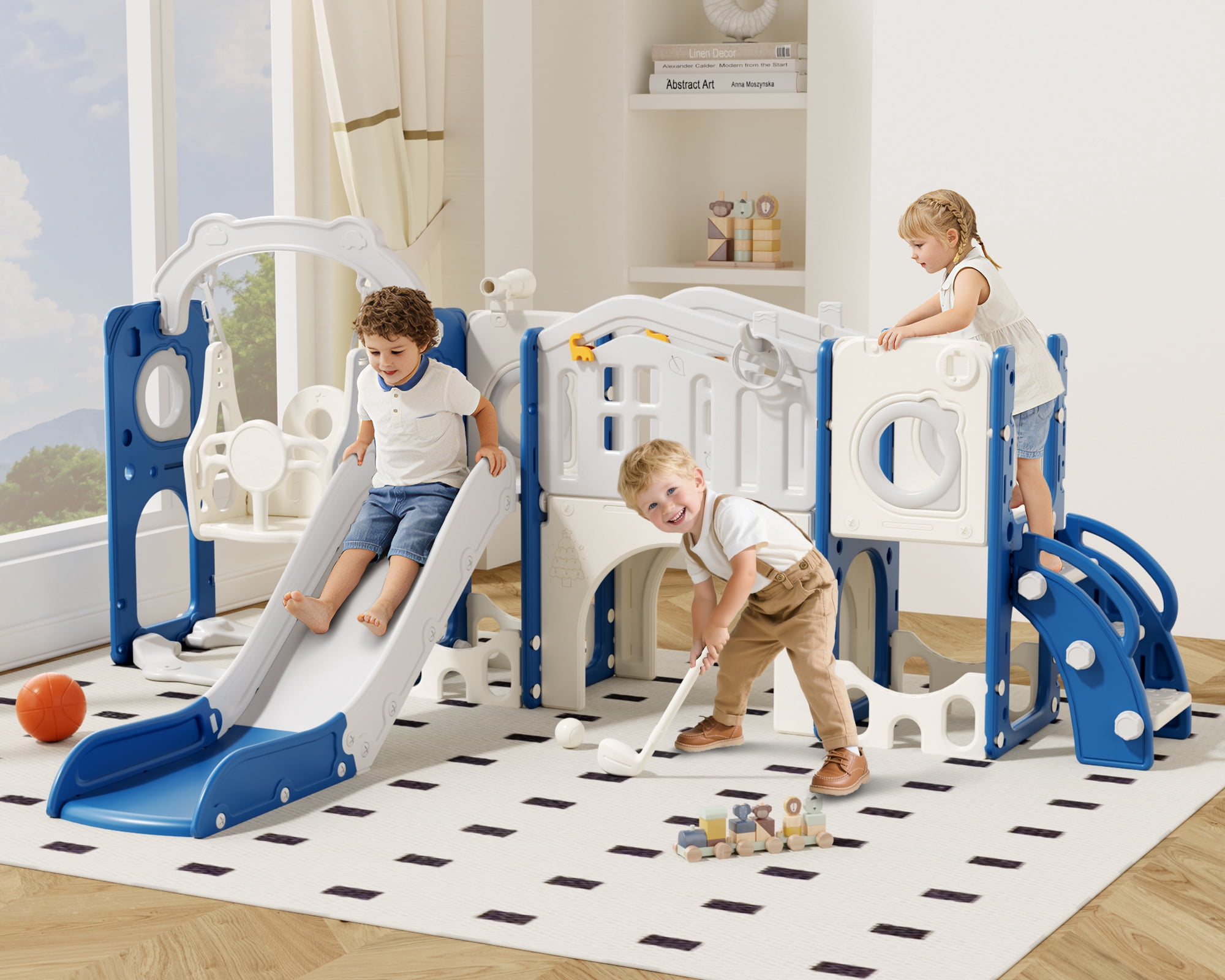 XJD 12 in 1 Toddler Slide and Swing Set - Baby Slide for Toddlers 1-3, Indoor Outdoor Toddler Playset Playground, Blue & Gray