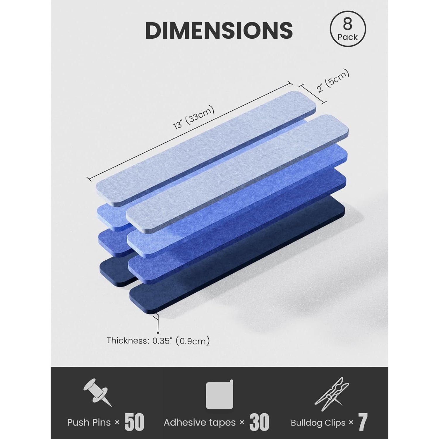Cork Board Alternative Felt Strip Board 8-Pack 13"x2", Office Pin Board with 50 Push Pins, Adhesive Install for Bedroom Door & Home Office(Denim Mist)