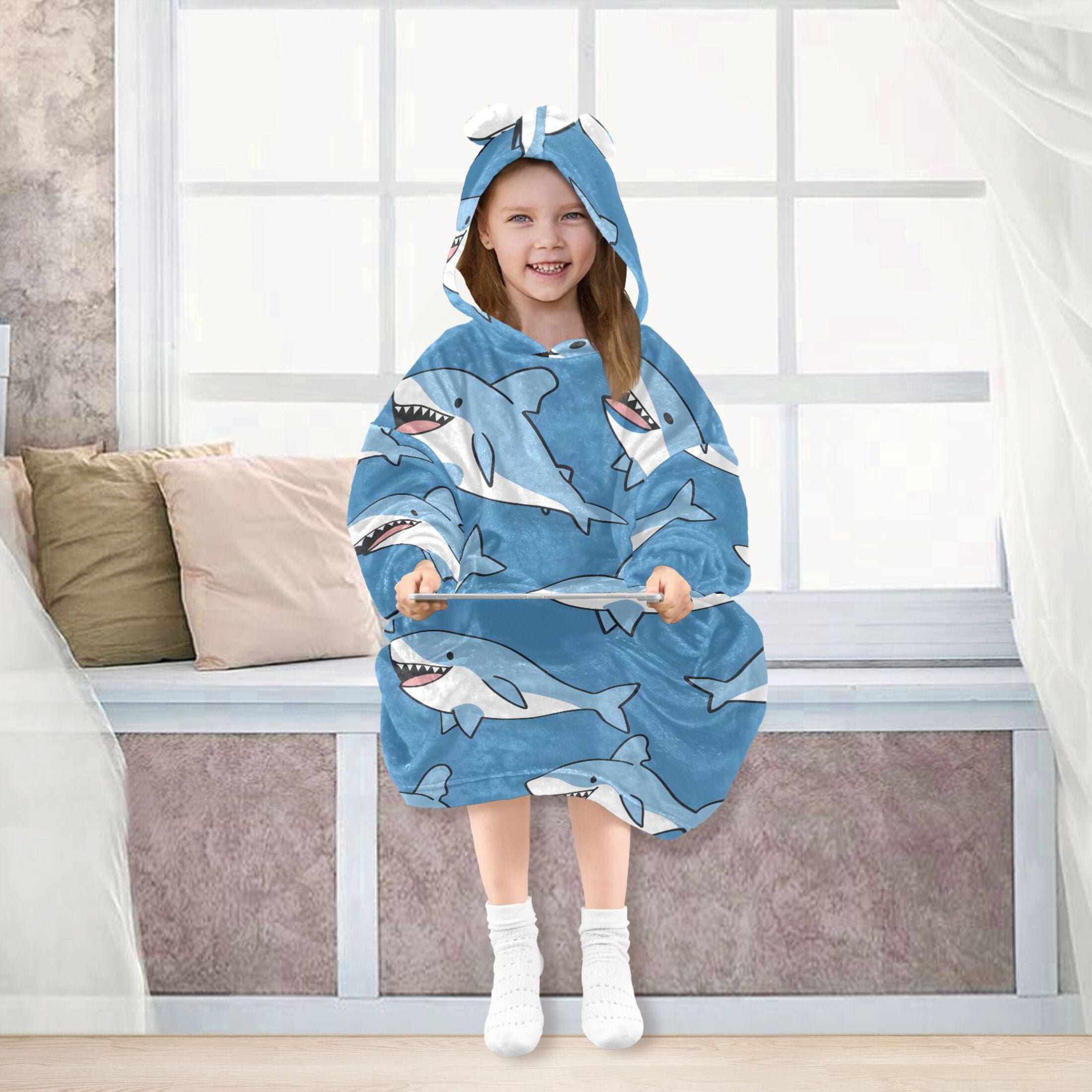 joogoo Wearable Blanket Hoodie for Kids Cute Sharks Cartoon Flannel Oversized Sweatshirt 3-14 Years M
