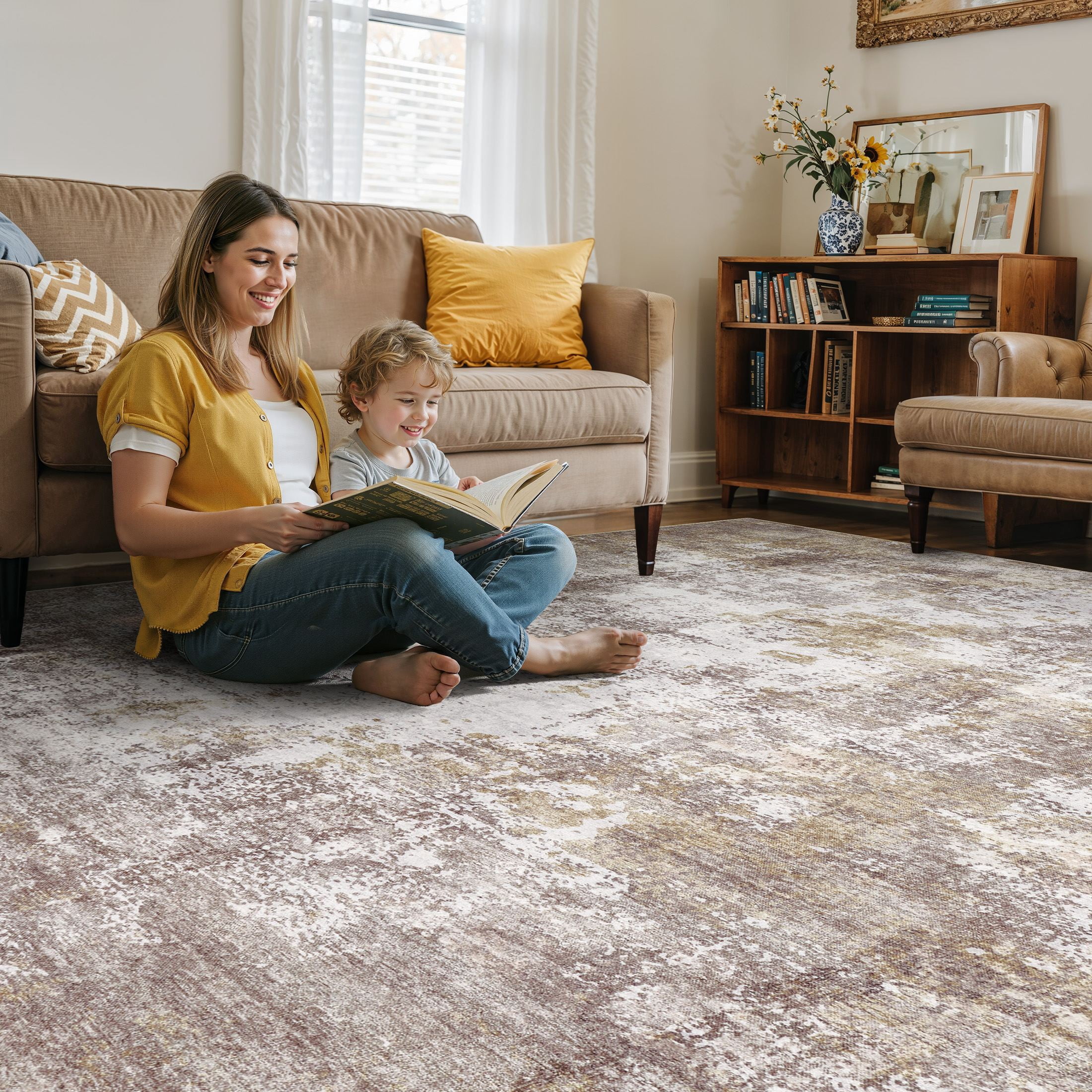 Uermei 9x12 Washable Area Rug: Modern Abstract Soft Non-Slip Indoor Large Rugs - Low Pile Stain Resistant Foldable Carpet for Living Room Bedroom Dining Room Office Home Decor - Golden Brown
