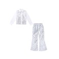 thumbnail image 3 of TiaoBug Kids Boys Girls 2Pcs Jazz Hip Hop Dance Performance Outfit Long Sleeve Button Shirt with Flared Pants for Disco Party Silver 7-8, 3 of 7