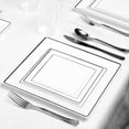 thumbnail image 2 of Fun Express White with Silver Square Edge Rim Plastic Dinnerware Value Set (120 Dinner Plates + 120 Salad Plates), 2 of 7