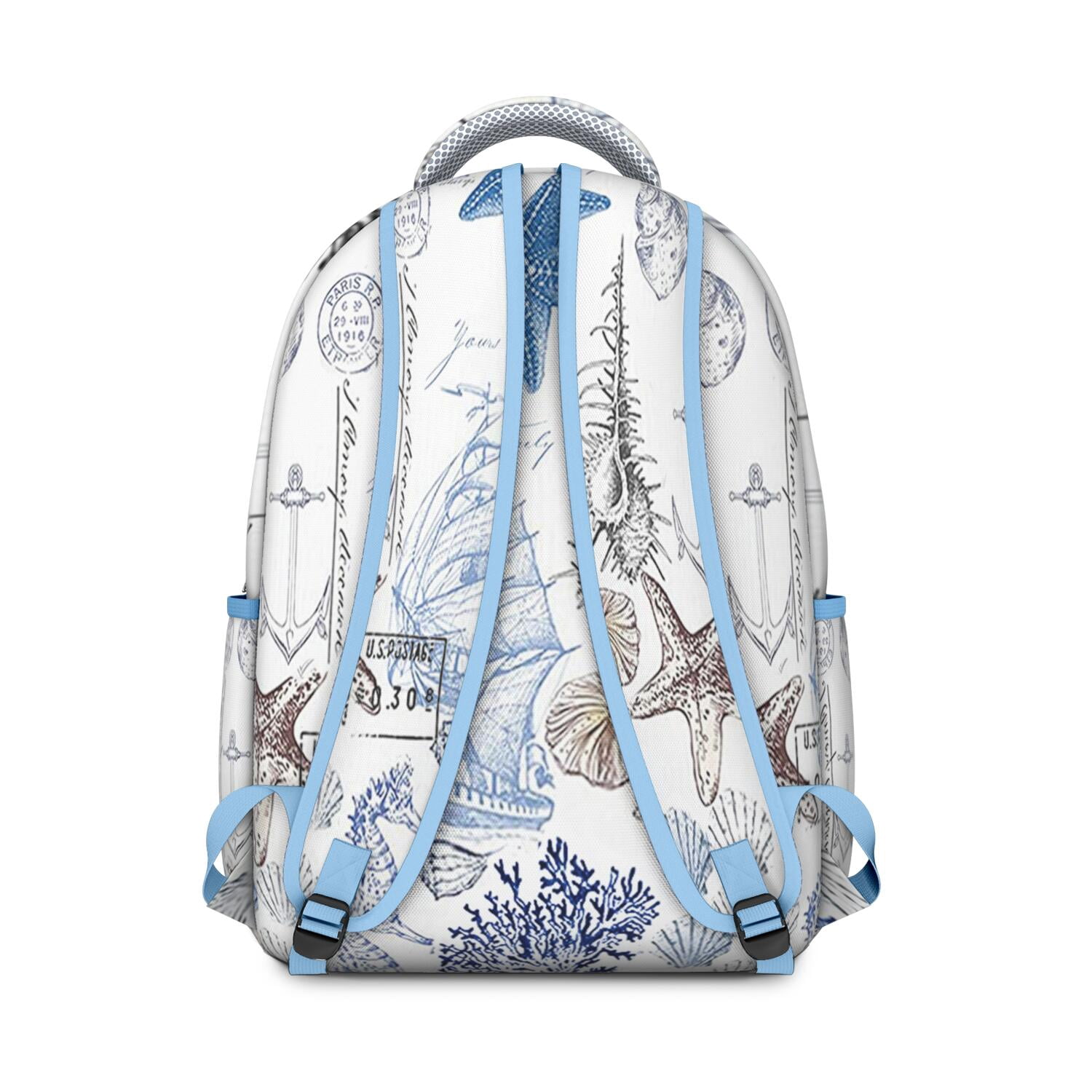 Nautical Waterproof Backpack for Teens - Vintage Summer Design with Starfish & Sand Prints, Durable Lightweight Bookbag with Padded Back Panel & Side Pockets