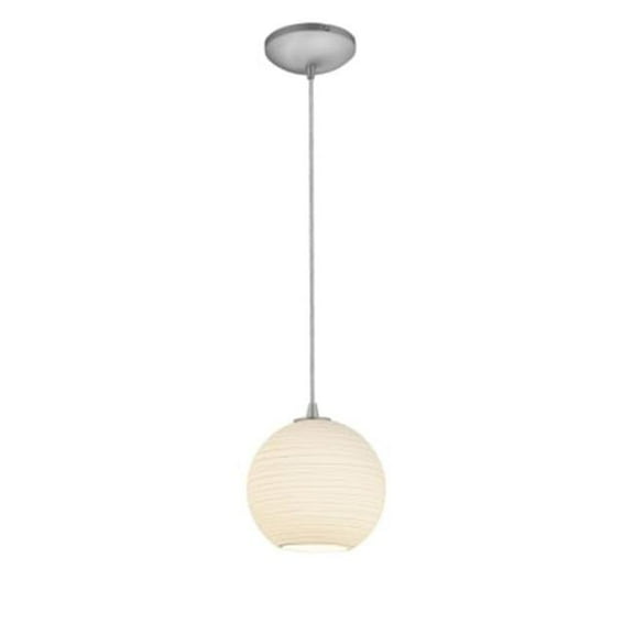Access Lighting Japanese Lantern 1-Light Glass Pendant - 8"dia - Cord - Brushed Steel Finish - White Lined Glass Shade
