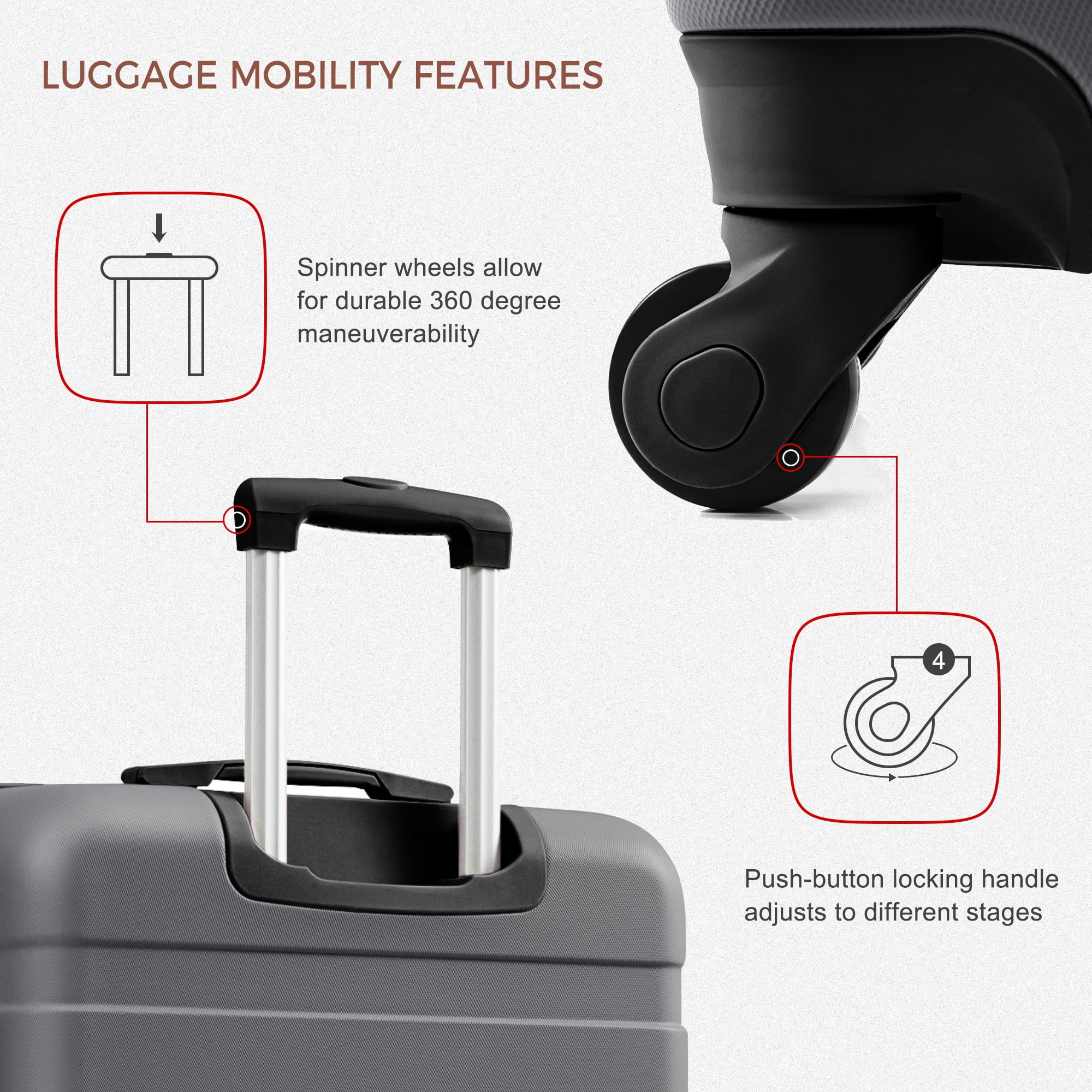 MODERNLUXE 4 Piece Luggage Sets, 28in Checked Suitcase with TSA Lock,Spinner Wheels,20in Carry-On Luggage with Duffel & Toiletry Bags,ABS Hardshell Suitcase Set for Family Travel,Grey