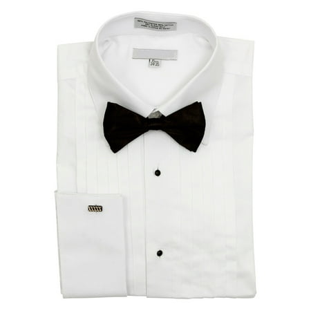 Men's Pointed Collar French Cuff Pleated Tuxedo Shirt Black Bow