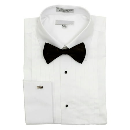 Pleated Bow - Men's Pointed Collar French Cuff Pleated Tuxedo Shirt Black Bow Tie
