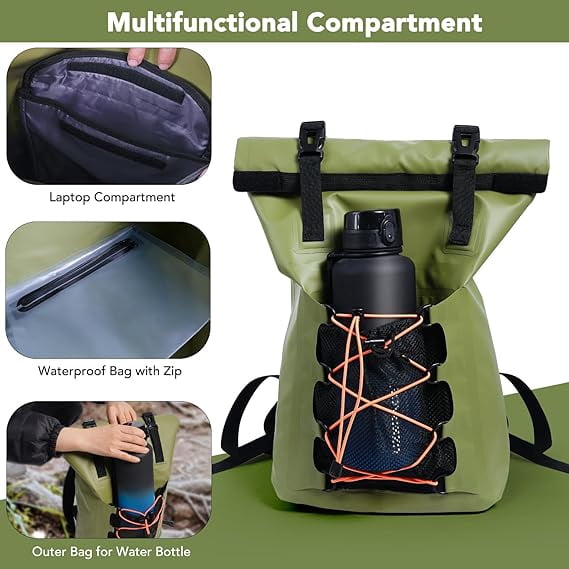 23L Waterproof Dry Bag Backpack for Kayaking & Travel, Heavy Duty PVC Roll Top Sack with Laptop Sleeve, IPX8 Phone Case Included