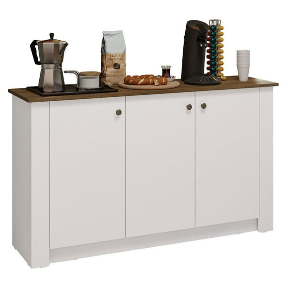 Madesa Coffee Bar Cabinet with 3 Doors Wooden Storage Unit for Kitchen, Dining Room, or Office Perfect for Organizing Coffee Makers, Supplies, and Snacks – White