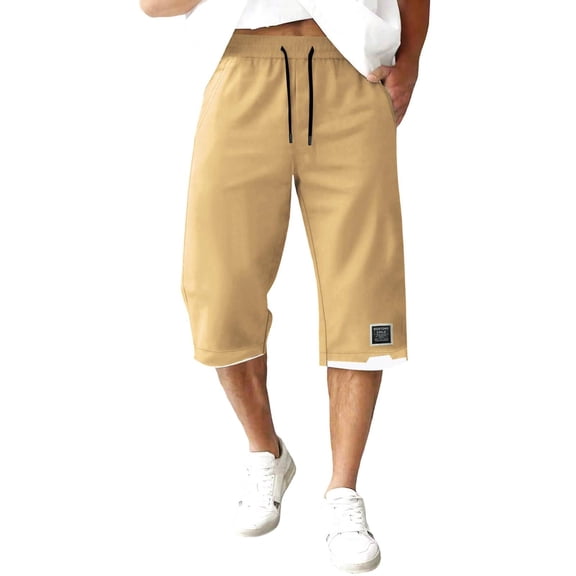 TKKCS Mens Drawstring Capri Pants- Loose Fit Straight Leg Casual Elastic Waist Breathable Summer Capris With Side Pockets Khaki Size 7XL