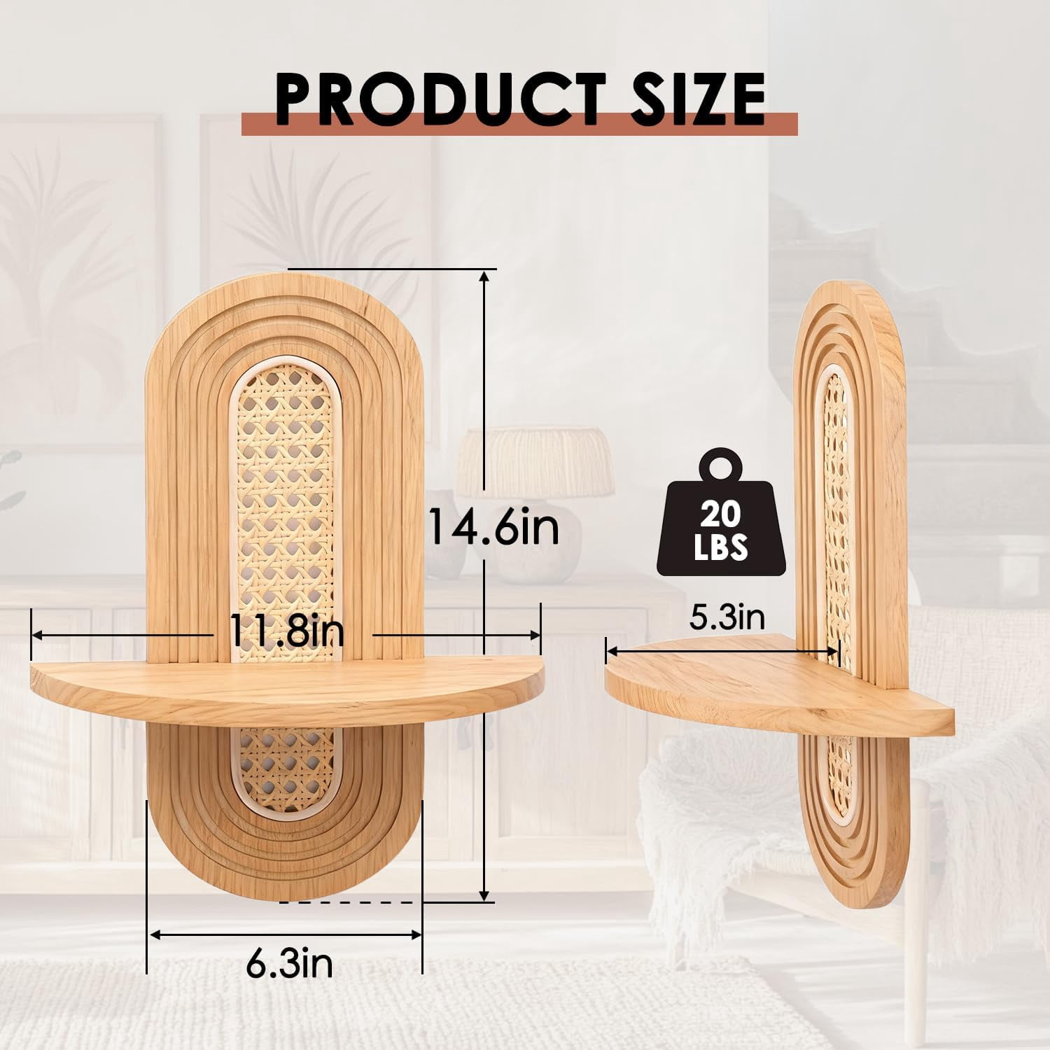 NOUGFVZP 1-Pack Floating Shelves for Wall, Boho Rattan Plant Shelf, Mid Century Small Decorative Shelf Wall-Mounted, Natural Wood Shelves for Living Room,Bedroom,Nursey Room (Matural)