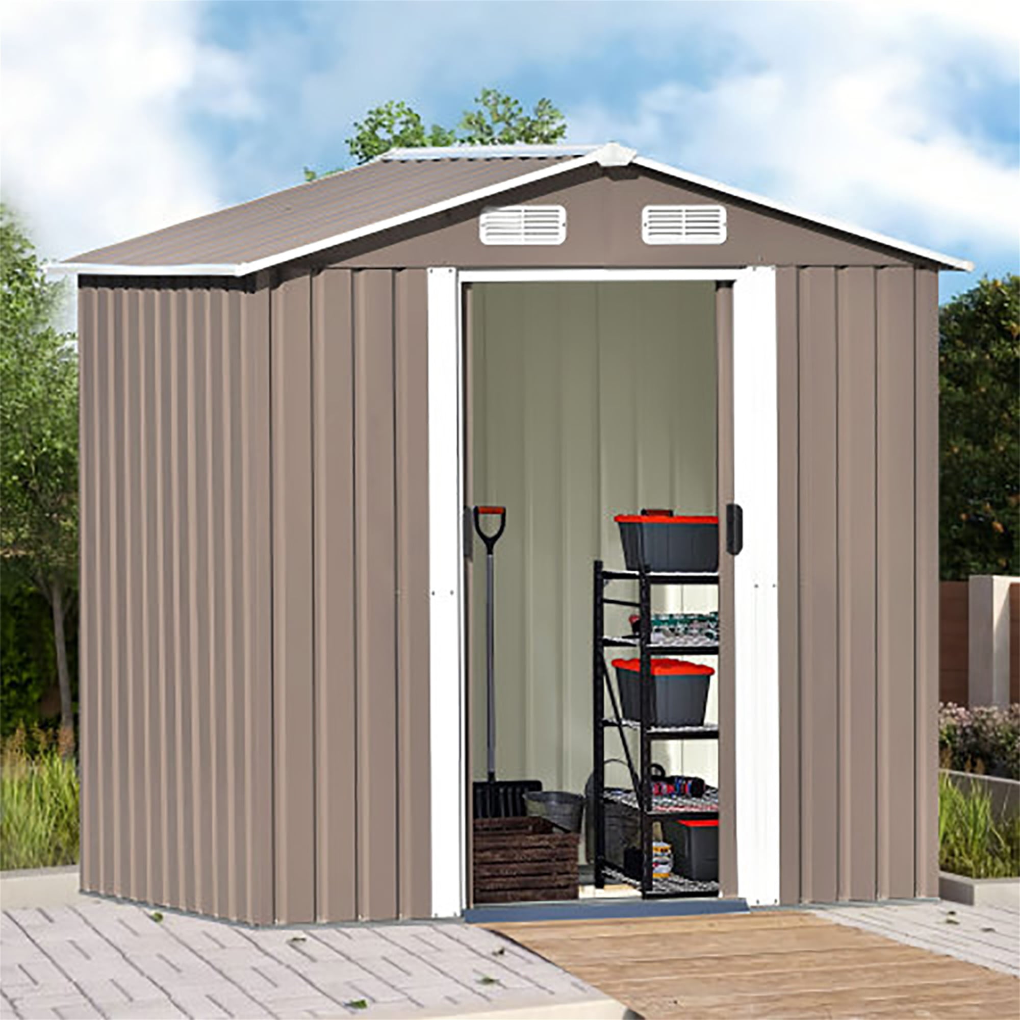 Kadyn Patio 6ft x 4ft Bike Shed Garden Shed with Locking Door Metal Storage with Vent and Foundation Tool Cabinet for Backyard, Lawn, Garden, Brown Kadyn Patio 6ft x 4ft Bike Shed Garden Shed with Locking Door Metal Storage with Vent and Foundation Tool Cabinet for Backyard, Lawn, Garden, Brown