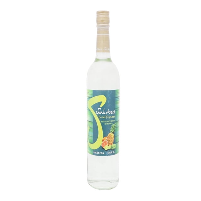 licor salutzo fruta tropical piña 750 ml salutzo tropical piña botella de 750 ml, vista frontal centrada de botella alta y esbelta con etiqueta verde y azul con una S amarilla; ilustración de piña y naranja, marca Salutzo y graduación 4.5% vol. indicada. Venta exclusiva a mayores de edad.