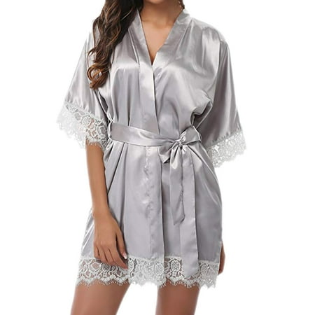 

DNDKILG Women s Plush Short Robes Soft Kimono Lightweight Sleepwear Lace 3/4 Sleeve Spa & Bridesmaids Ladies Nightgown Gray S