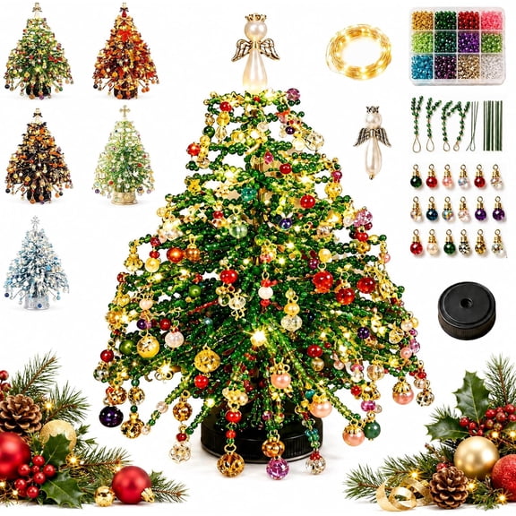 DIY Beaded Christmas Tree Kit - 3D Crystal Bead Pearl Art Set with LED Lights Angel Topper Tabletop Fall Winter Decor for Christmas Gifts & Birthday Gifts