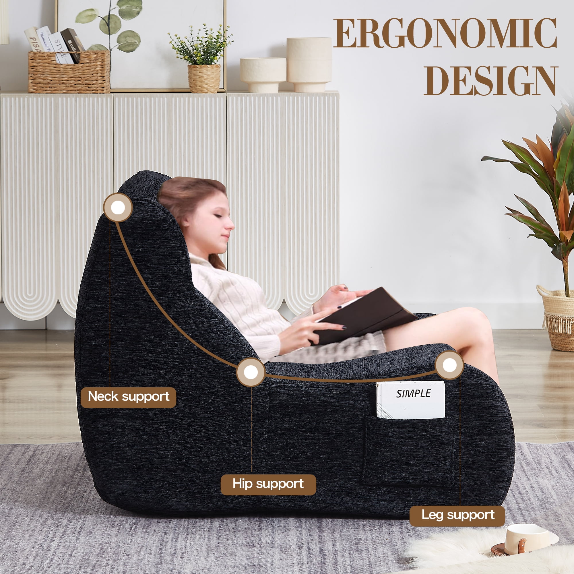 Kosynda Bean Bag Chair for Adults, Giant Memory Foam Bean Bag Couch with High-Resilience Foam and Armrests, Lounge Floor Sofa for Living Room, Bedroom, Black