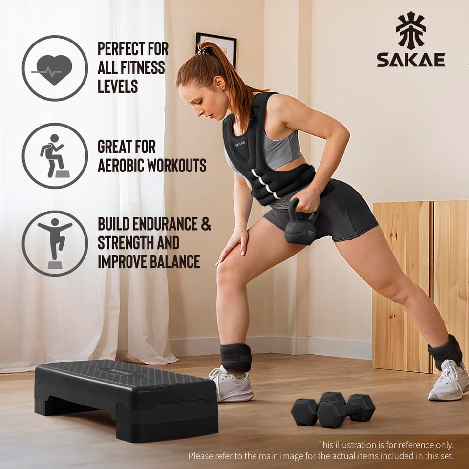 SAKAE Black Exercise Step Platform Set with Ankle Weights & Measuring Tape, Adjustable Height 2 Level Risers Workout Step Trainer, Aerobic Steppers for Home Gym Exercise Fitness Workout