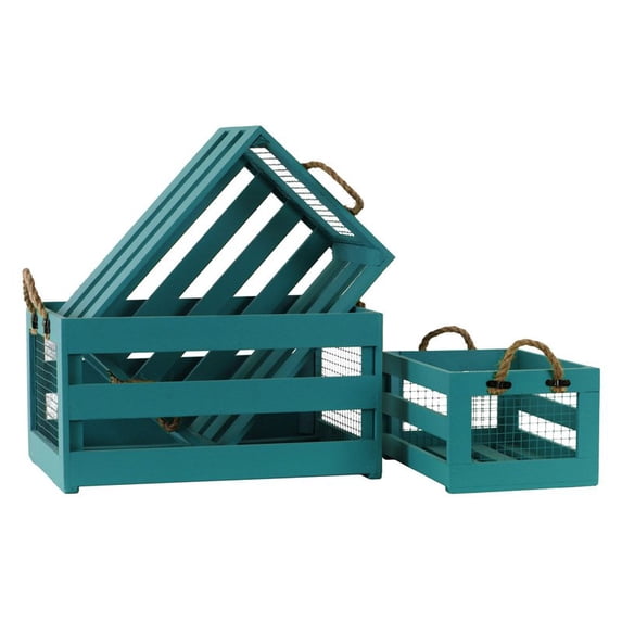 Wood Rectangular Crate with Mesh Sides and Rope Handles Set of Three Coated Finish Aquamarine
