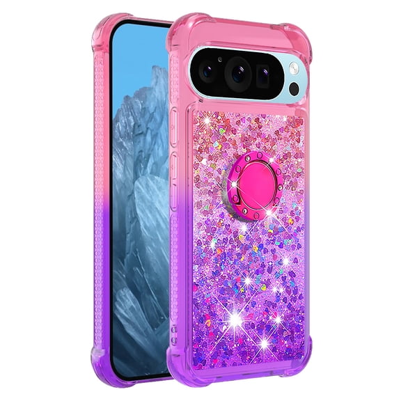 Phone Case for Google Pixel 10 Pro XL with Ring Kickstand, Cute Glitter Bling Sparkle Quicksand Flowing Liquid Clear Gel Silicone ShockProof Cover Girls-B2