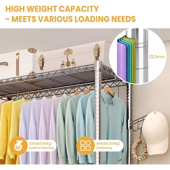 Heavy Duty Rolling Garment Rack – 3-Tier Adjustable Shelves, 1 Hanging Rod, Side Hooks, Mobile Metal Wardrobe Organizer for Bedroom, Closet, Dorm, or Laundry – Chrome Plating, Three Floors, 75.6"H