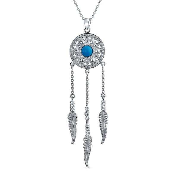 Bling Jewelry Womens Western  Turquoise Feather Dream Catcher Pendant Necklace Sterling Silver