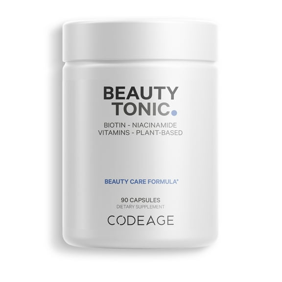 Codeage Beauty Tonic, 1500mcg of Biotin per Serving, Astaxanthin, Vegan Collagen Food Blend, non-GMO, 90 ct