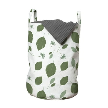 Leaves Laundry Bag, Silhouettes of Nature Themed Simplistic Flitting Leaf Garden Art Composition, Basket with Handles Drawstring Closure for Laundromats, 13" x 19", Green and White, by Ambesonne