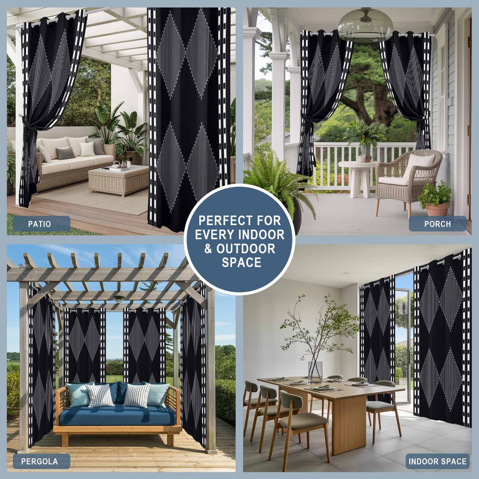 Modern White and Black Outdoor Curtains for Patio, Striped Diamonds Checkered Border Art Sunshade Privacy Drapes Grommet Waterproof Outside Curtains for Porch/Cabana/Balcony 54"x 108", 1 Panel