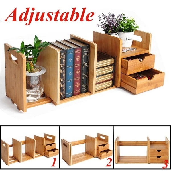 Adjustable 2 Drawer Bamboo Wood Extendable Desk Tabletop Book Rack