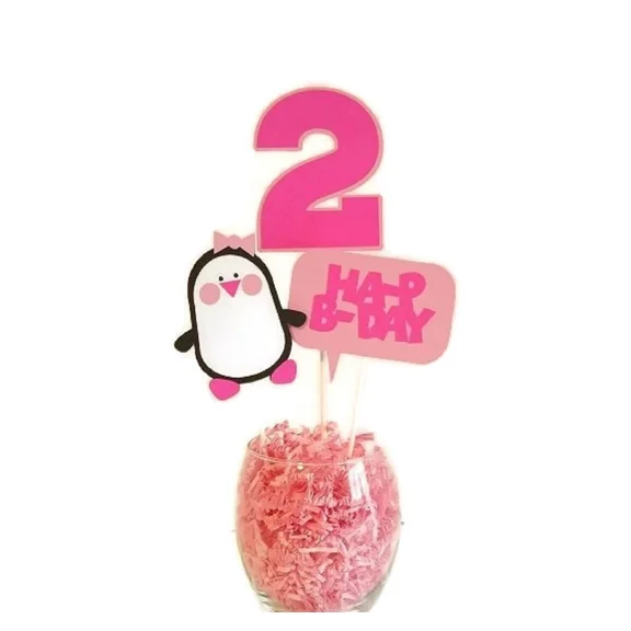 ZYLER- Girl Penguin Birthday Party Cake Toppers Centerpiece Sticks Decorations With Age