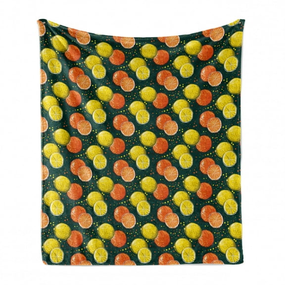 Fruit Soft Flannel Fleece Blanket, Hand Drawn Like Oranges and Lemons Illustration on Polka Dotted Background, Cozy Plush for Indoor and Outdoor Use, 50" x 60", Dark Teal Multicolor, by Ambesonne
