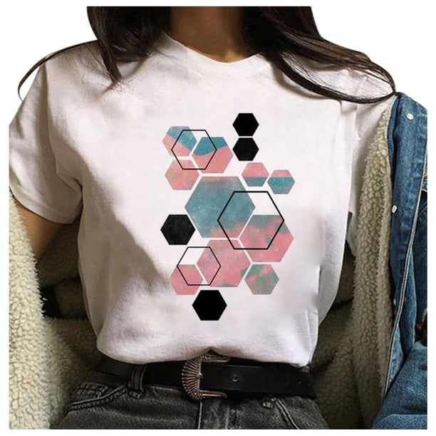 Puntoco Camiseta suelta de cuello redondo para mujer con estampado gráfico geométrico de moda para mujer Puntoco Puntoco-22