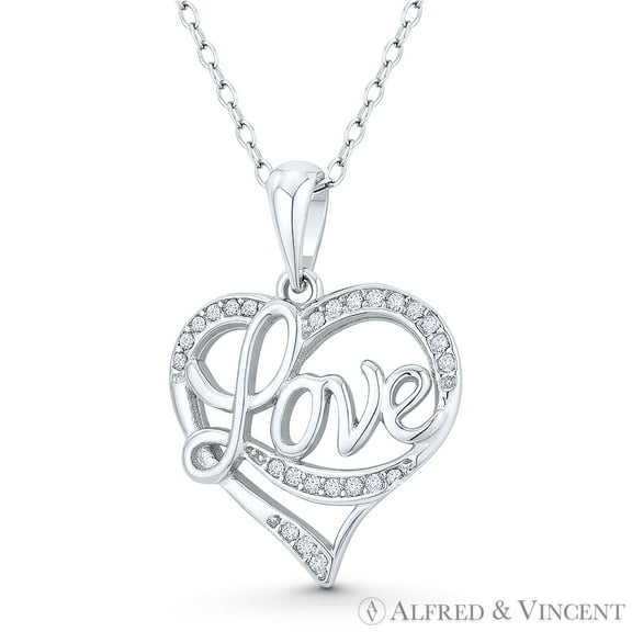 Heart Charm & "Love" Cursive Script Pendant & Chain Necklace in .925 Sterling Silver
