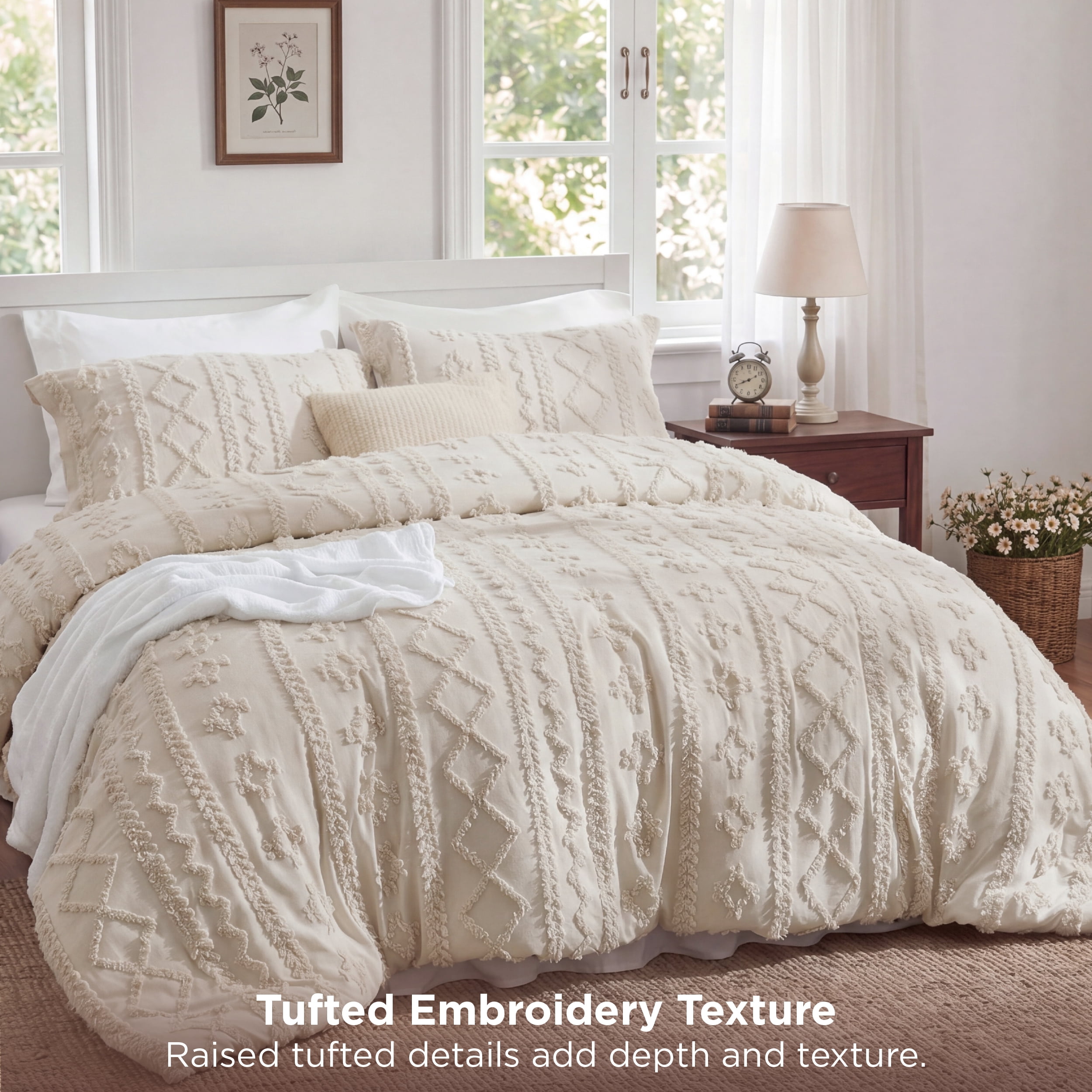 U by Bedsure Tufted Boho Comforter Set Queen, Beige, 3 Pieces Farmhouse Shabby Chic Embroidery Bedding Set, Soft Jacquard Comforter for All Seasons