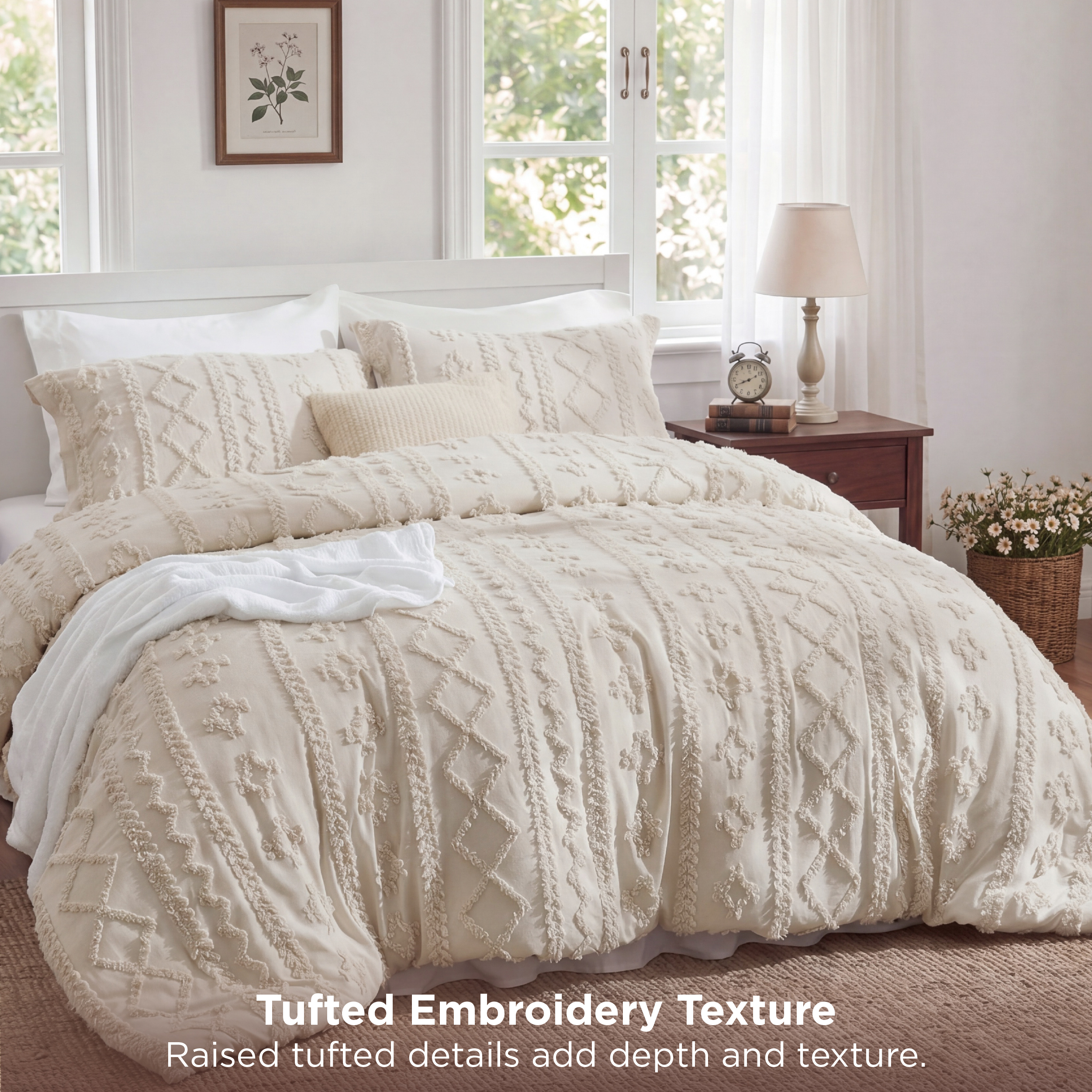 U by Bedsure Tufted Boho Comforter Set, Queen, Beige, 3-Piece photo 4