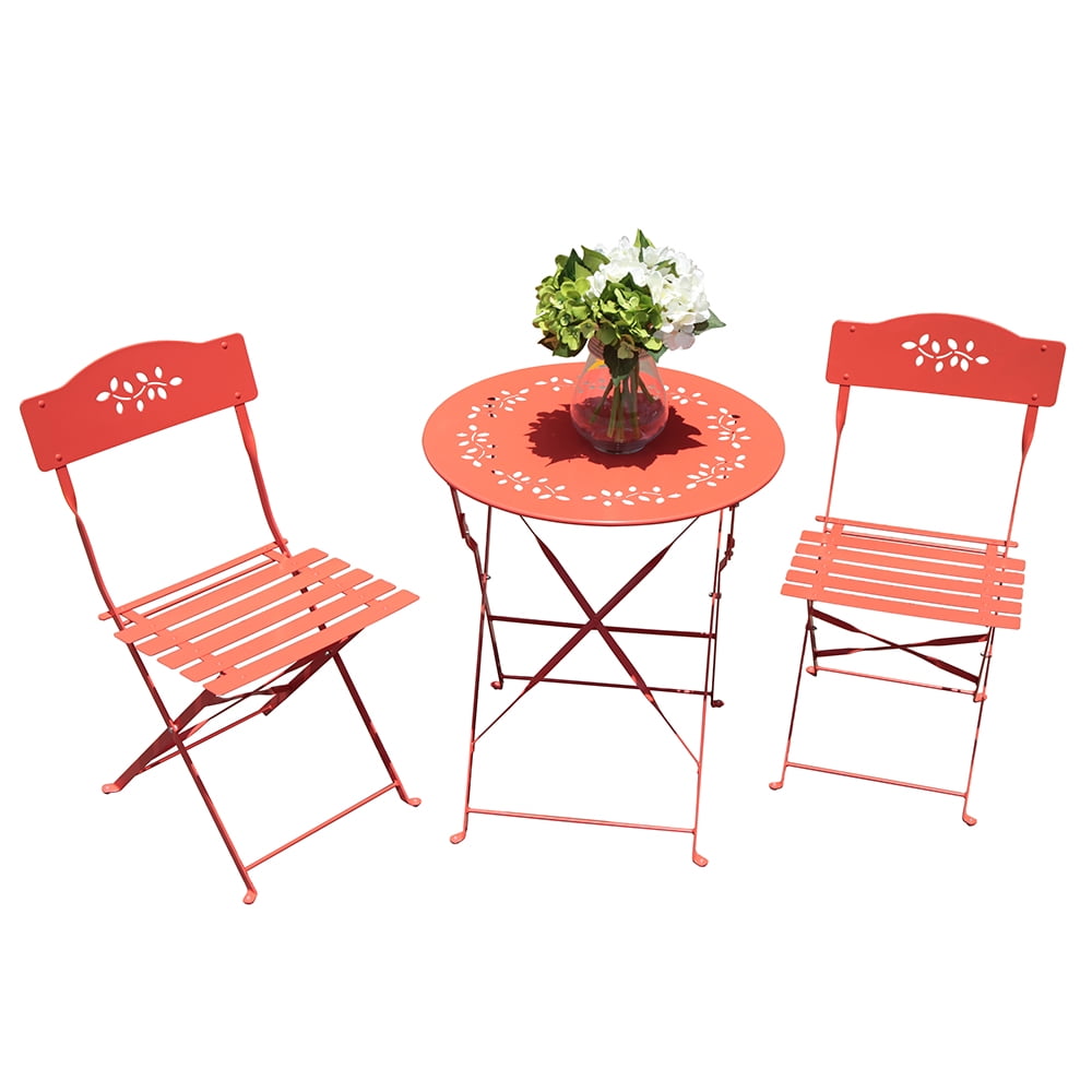 Orange Casual 3 Piece Folding Bistro Set Steel Patio Dining Table Orange Casual 3 Piece Folding Bistro Set Steel Patio Dining Table And Chair Sets Garden Backyard Outdoor Furniture Com