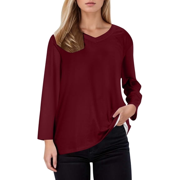 Bainana Casual Blouse For Women Solid Color Long Sleeve V Neck Tops Shirts Breathable Soft Female Spring Autumn Tshirts Wine Size S