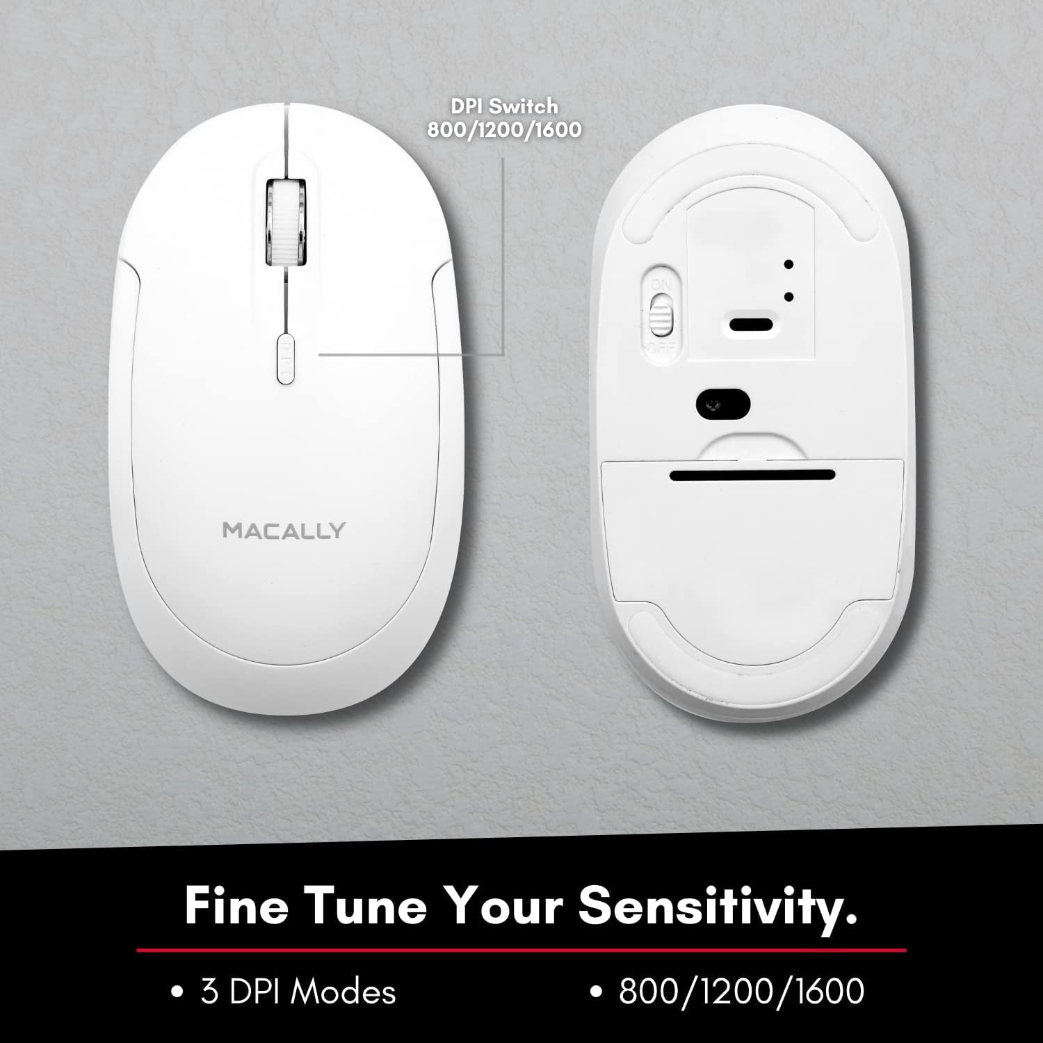 Macally Bluetooth Wireless Mouse - Quiet Click, Ergonomic Design, Compatible with Mac, MacBook, iPad, PC & Laptops - White