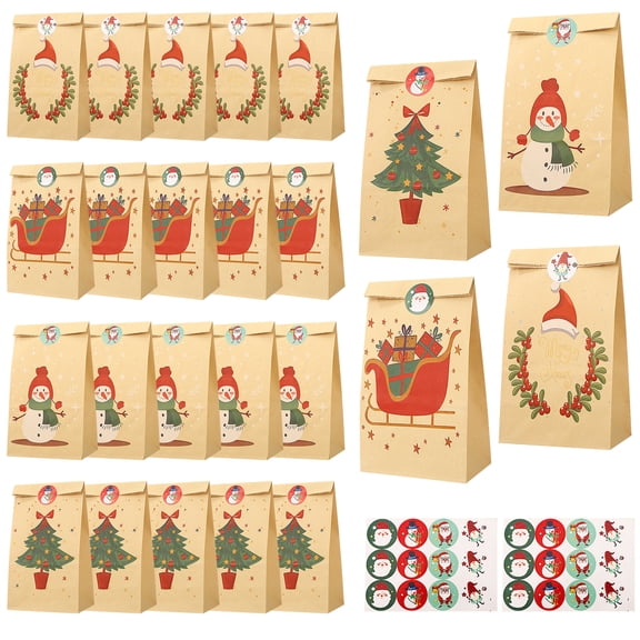 sixwipe24 Pack Christmas Treat Bags, 4 Designs Paper Goody Bags for Party, Christmas Paper Candy Bags, 9.45×5.11 Inch, Wide Opening for Christmas Candy, Cookies, Holiday Gift Wrapping
