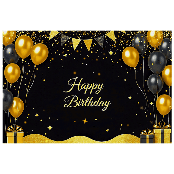 Black Gold Themed Happy Birthday Banner with Balloons Star Elements Party Backdrop Decor Background for Birthday Party Celebrations Photography Props Decorations