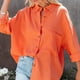 thumbnail image 3 of Camisa informal holgada de color naranja para mujer con cuello abotonado, talla L, blusa de manga larga con cuello en V, 3 of 8