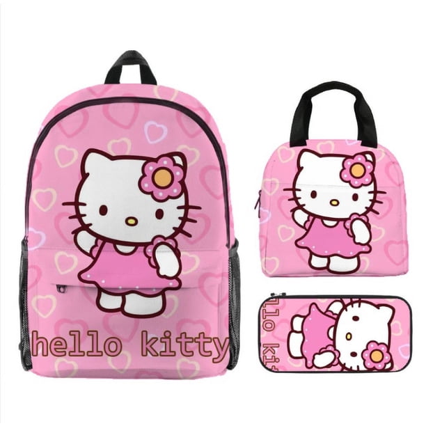 Mochila Hello Kitty bolsa de almuerzo estuche de lápices Anime mercancía escuela primaria estudiante mochila conjunto de tres piezas bolsa de hielo de dibujos animados bolsa de comida bolsa de comida