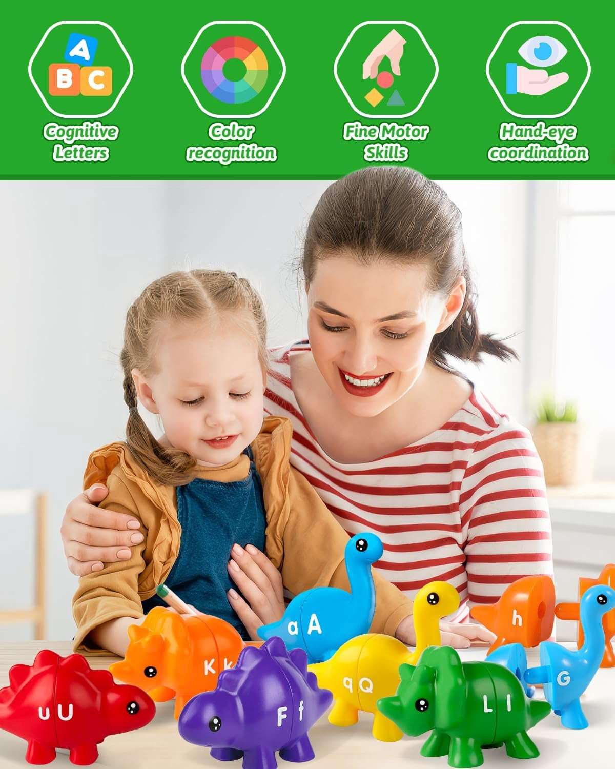 52PCS Baby Learning Toy for 2-5,Matching Letters Dinosaur Toy,Montessori ABC Matching Letters Dino Toys Gifts for Toddlers,Educational Fine Motor Preschool Learning Toys for 2 3 4 Year Old Boys Girls