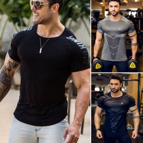 Fashion Mens Slim Fit T Shirt Designer Short Sleeve Muscle Fit Curved Hem Gym Tee Top