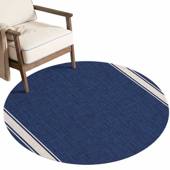 Blue Washable Round Area Rug 5 ft, Country Vintage Nautical Classic Minimalist White Stripe Lines Soft Non‑Slip Rugs Stain Repellent Indoor Mats for Living‑Room Corner, Breakfast Nook, Sunroom