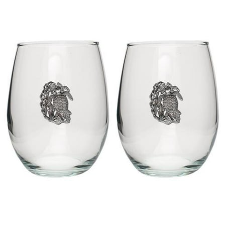 Sea Turtle Stemless Goblets (Set of 2) | 15oz | Detailed Fine Pewter Medallion | Set of 2