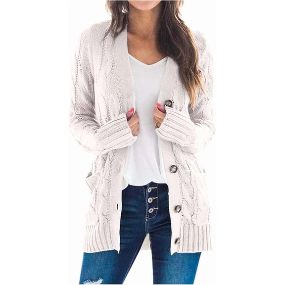 Women's Open Front Cardigan Sweater Casual Button Down Cable Knit Sweater Coat