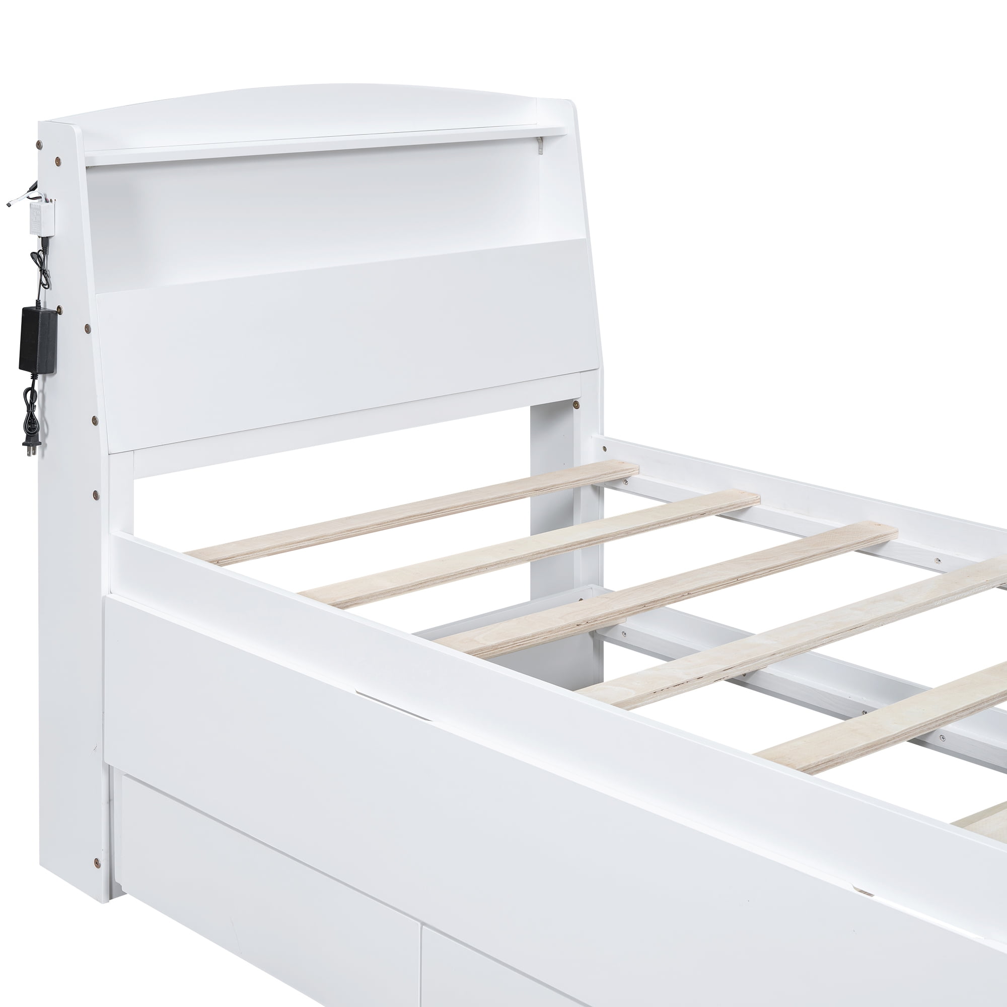 Euroco Wood Twin Size Platform Bed with Storage Headboard, Drawers Trundle and LED Light, White