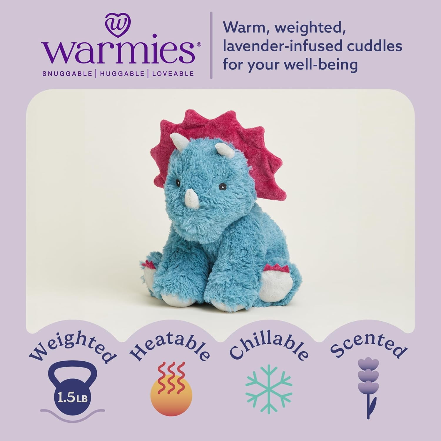 warmies 13” Triceratops Stuffed Animal, Microwavable Heated Plushies and Weighted Soft Plush Toys